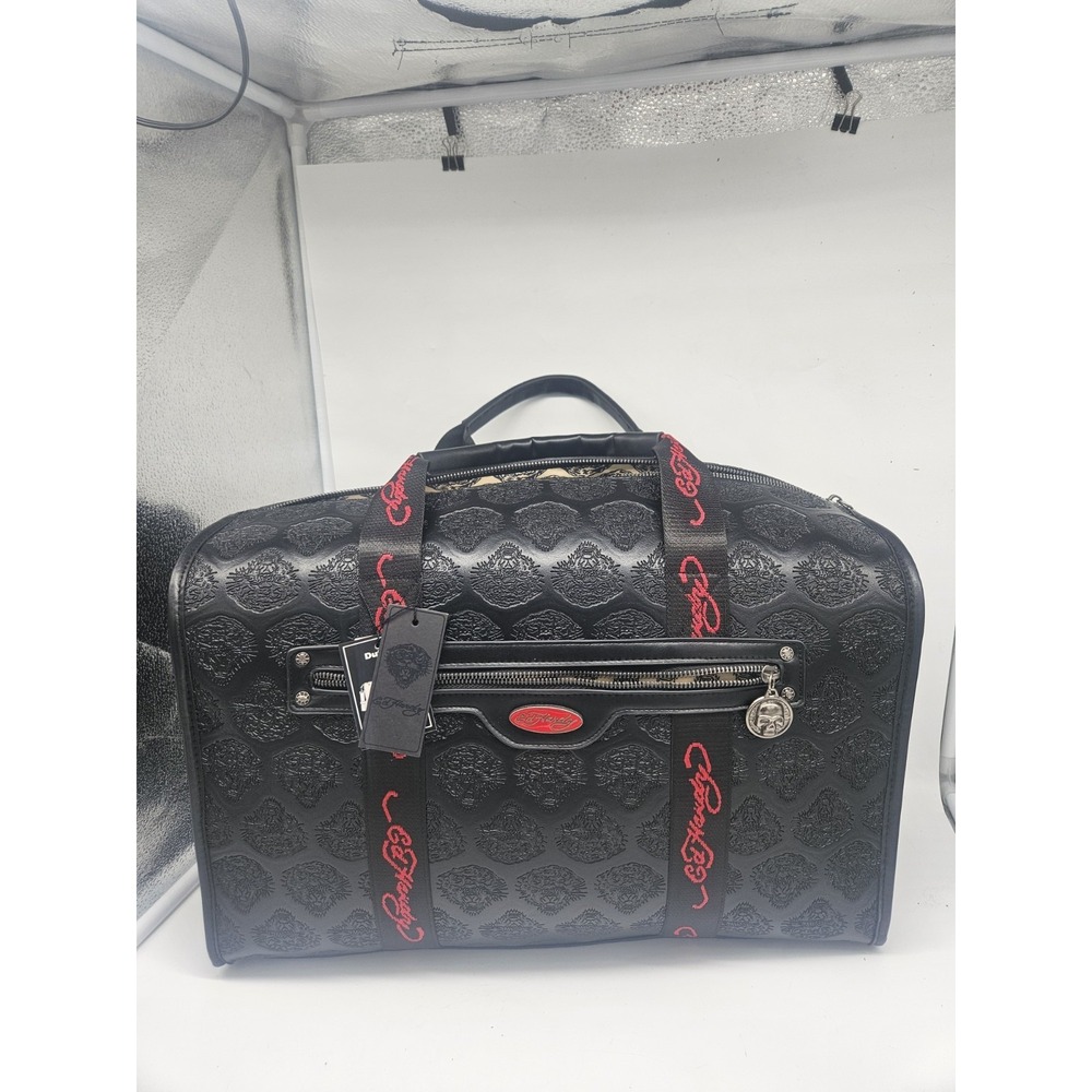 Ed Hardy Black Leather Duffel Bag Screaming Tiger Print Y2K NWT